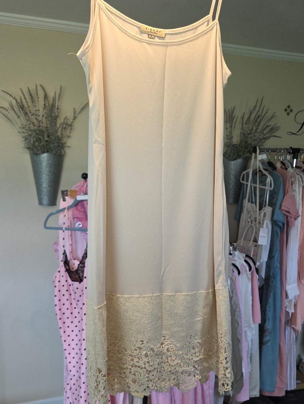 Eileen Fisher Pale Cream Slip Dress with Lace Hem